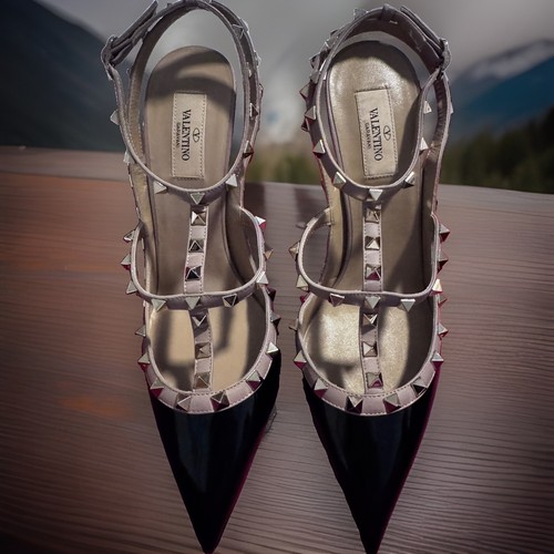 Valentino Garavani Studded T-Strap Pointed Toe Leather Heels Women EU 42 Black