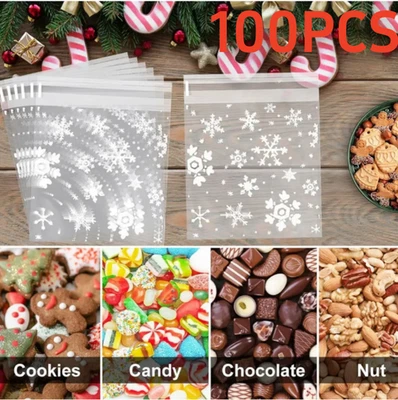 100Pcs Clear Christmas Snowflake Cookie Bag Plastic Cellophane Self Adhesive Bag