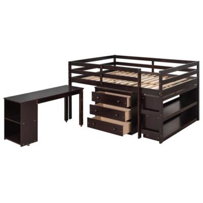 Low Study Full Loft Bed w/Cabinet & Rolling Portable Desk - White/Gray/Espresso