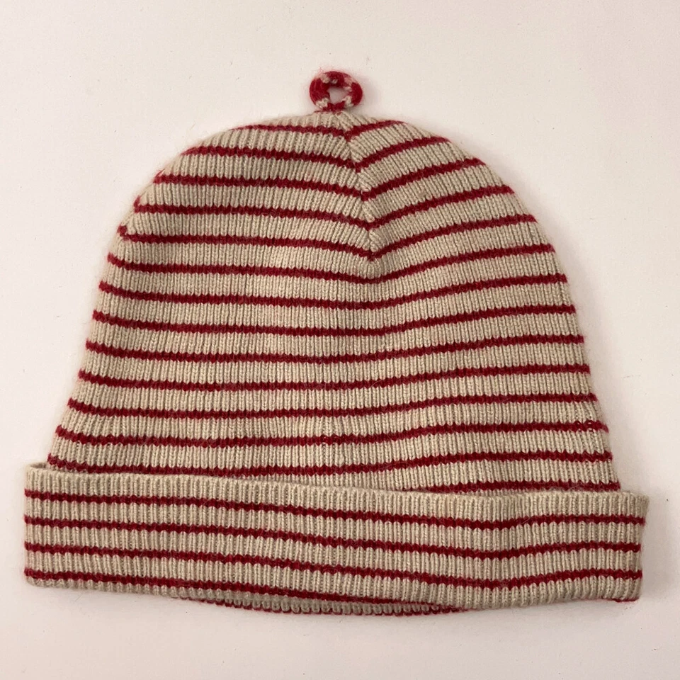 复古 The Gap 兔毛羊羔毛混纺冬季帽子米色薄红色条纹 — 第 2/4 张图片