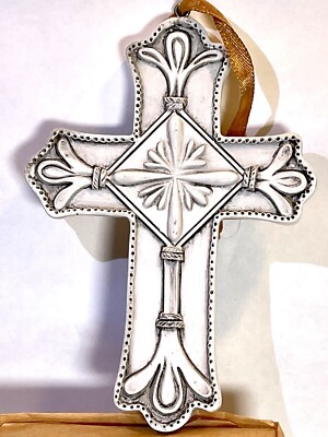 Cross Crucifix Decorative Textured Stone Ware Ornament Loop Hang Matte Finish 5''