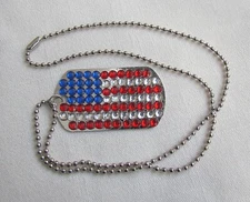 Vintage Cubic Zirconia American Flag Dog Tag Pendant, 19" Ball Chain Necklace