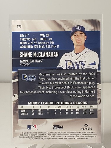 2021 Topps Stadium Club Shane McClanahan #170 Rookie Sepia - TB Rays - Picture 2 of 2