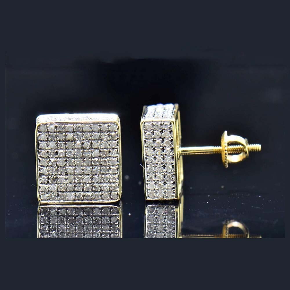 1.40 Ctw Round Cut Real Moissanite 14K Yellow Gold Plated Square Stud Earrings