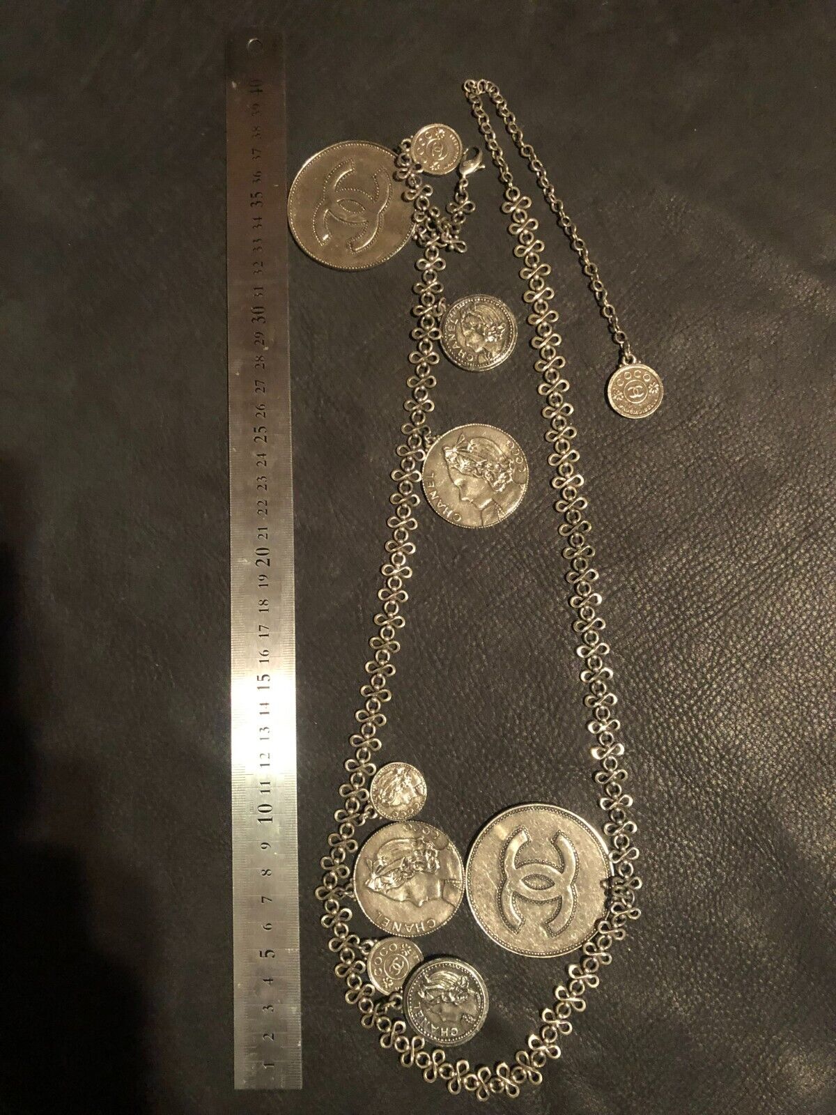 CHANEL Belt Chain AUTH Coco Mark Vintage Coin Medal Silver Necklace CC F/S  ch48