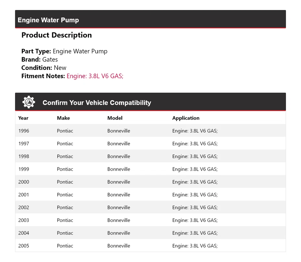 Para Pontiac Bonneville 1996-2005 3,8 L V6 motor de gas bomba de agua puertas 1997 1998 Foto 2 de 4
