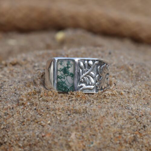Natural Moss Agate Men's Ring 925 Sterling Silver Ring Gift For Husband - Picture 2 of 5
