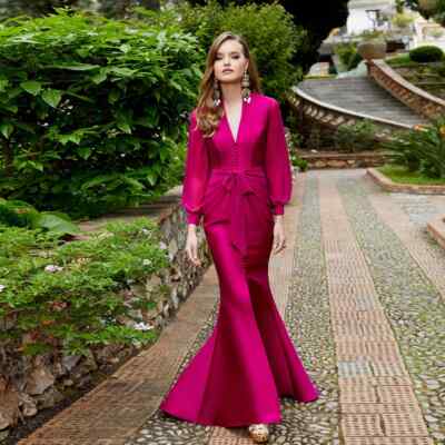 Elegant Mother of the Bride Dress V Neck Long Sleeve Buttons Wedding Party Gowns