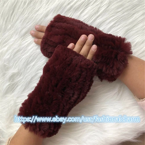 Womens Winter Real Rabbit Fur Gloves Knitted Stretch Fingerless Mitten Gloves - Picture 61 of 102