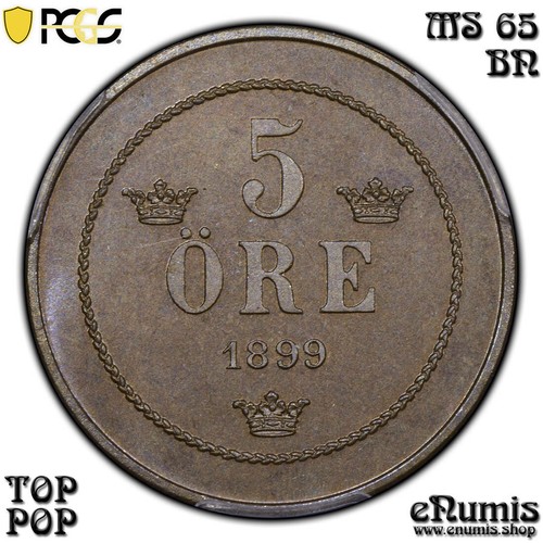 SWEDEN, Oscar II, 5 Ore 1899, Top Pop, PCGS MS 65 BN - Picture 4 of 8