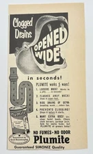 Plumite Vintage Mini Print Ad 1950s Mid Century Plumbing Clogged Drains Simoniz