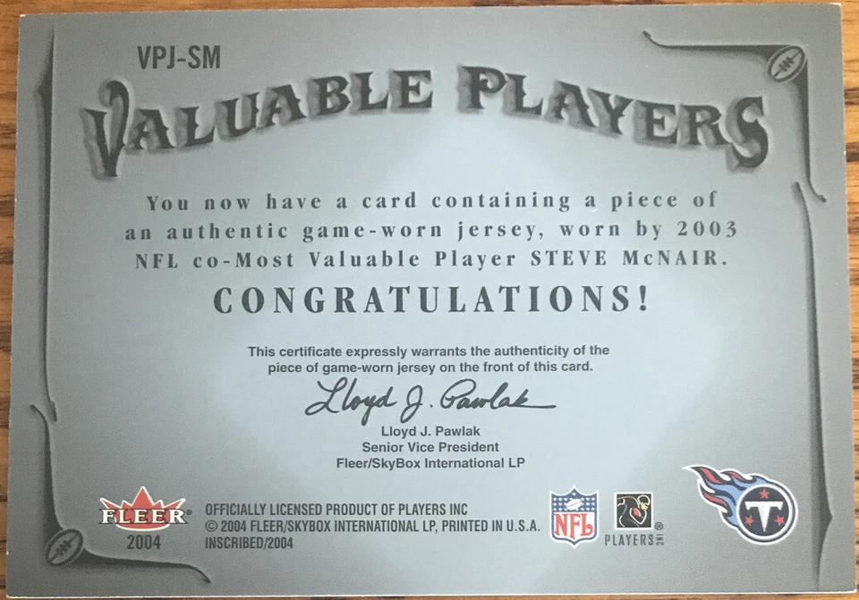 2004 Fleer Inscribed Valuable Players Jersey Blue Steve McNair VPJSM #’d 028/104 - Image 2 of 2