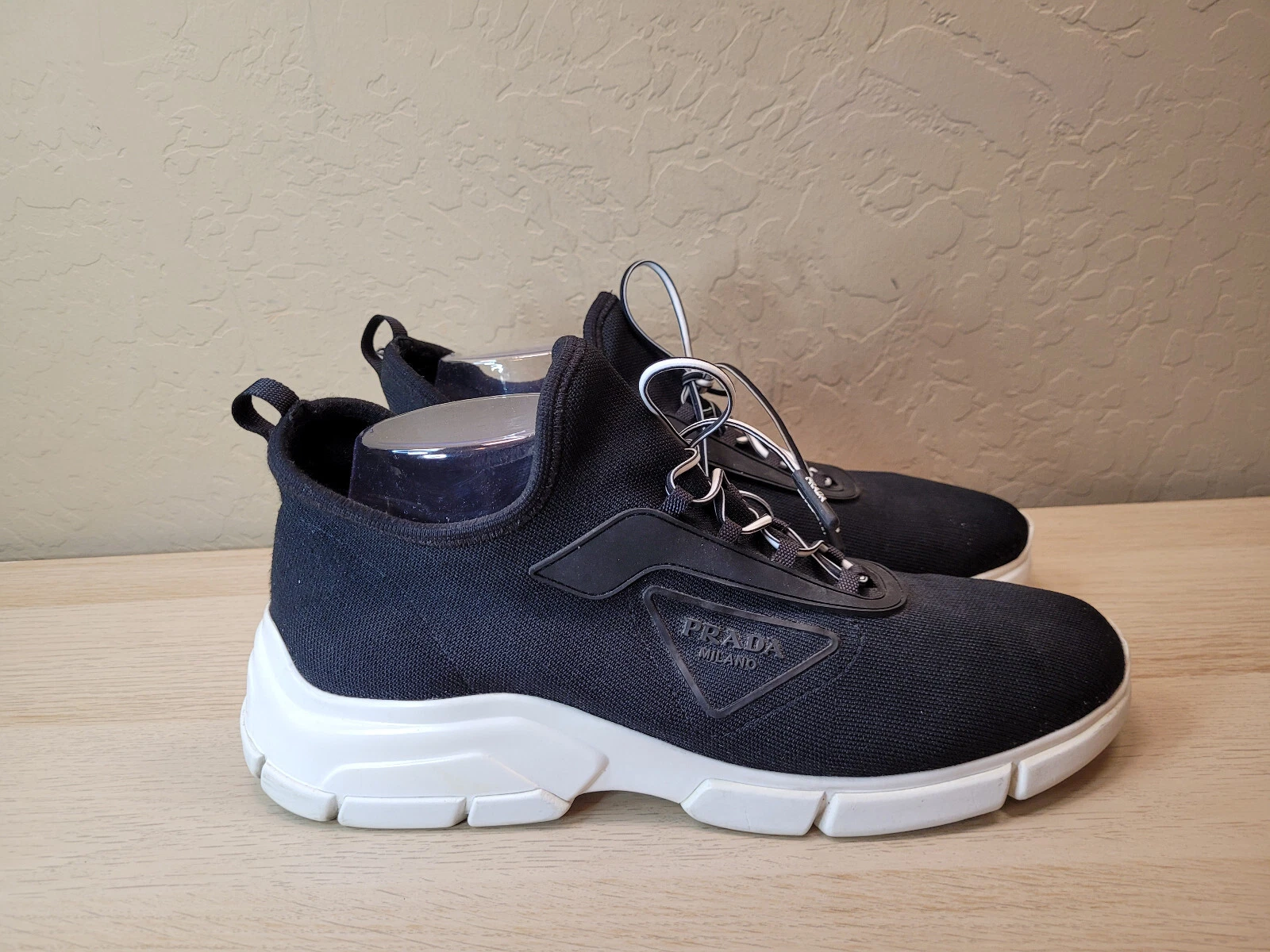 Scarpe da ginnastica Prada in maglia stringate nere nero bianco uomo taglia 8