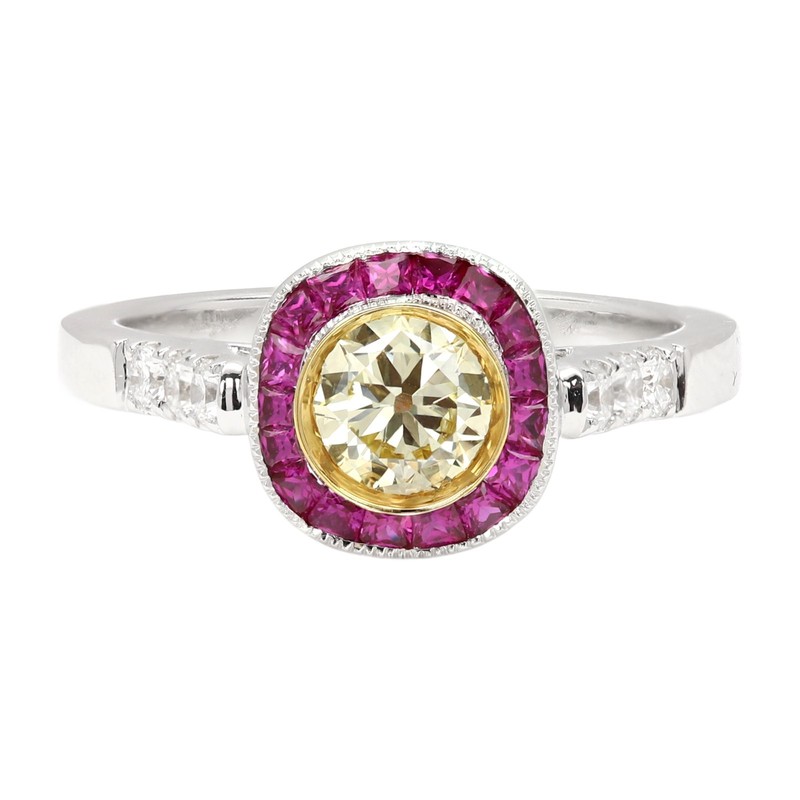 18k Natural Yellow Diamond & Red Ruby Ring white Gold Art Deco vintage (#8) 0.69