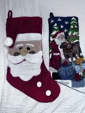 2 Jingle & Joy Stockings Wool Cotton Santa Reindeer Santa Face Christmas Holiday