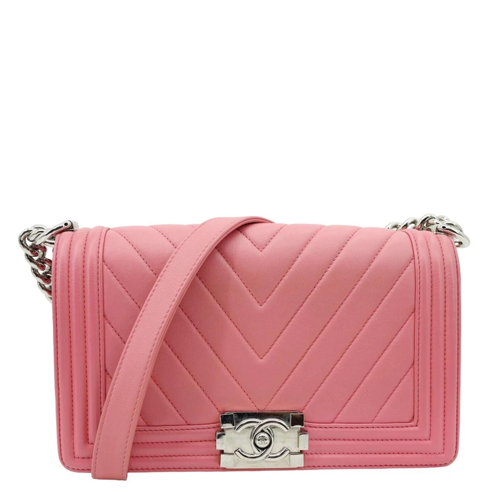 CHANEL Boy Flap Old Medium Chevron Leather Crossbody Bag Pink