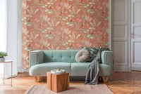 Florale Tapete Mit Gemischten BläTtern Leicht Strukturiert, Matt – Rot, Orange,