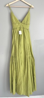 Free People Endless Summer Heat Haze Maxi Dress Green Cotton Linen Size XS NWT