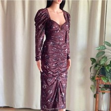 ASTR The Label Burgundy Floral Mesh Ruched Midi Dress Puff Sleeve Whimsigoth S