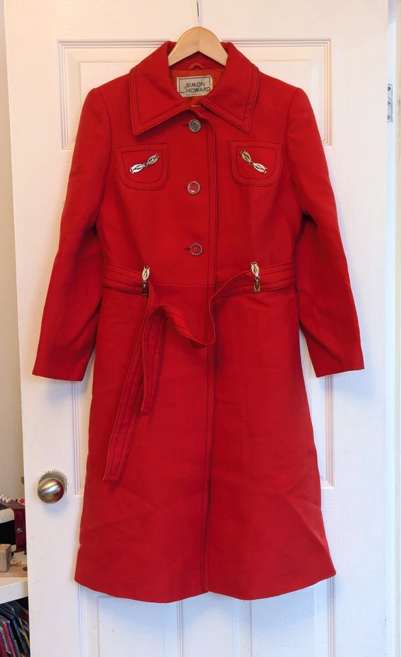 Vintage SIMON HOWARD Red Wool Trench Coat  MOD Soul GoGo 1960S Beat Hip - Image 2 of 4