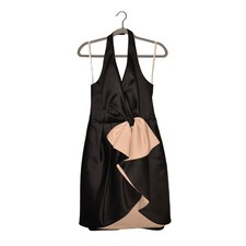 HALSTON HERITAGE $495 Black Beige Satin Halter Cocktail Dress Ruffle Front 6