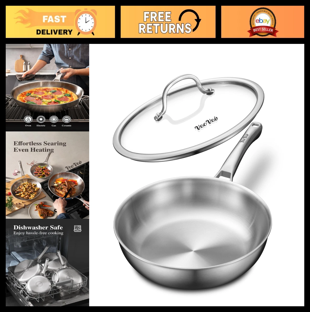 12" Stainless Steel Frying Pan with Lid, Non-Toxic Tri-Ply Skillet, Oven Safe, I