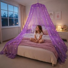 Bollepo Purple Bed Canopy for Girls with Glowing Stars - Princess Netting Room