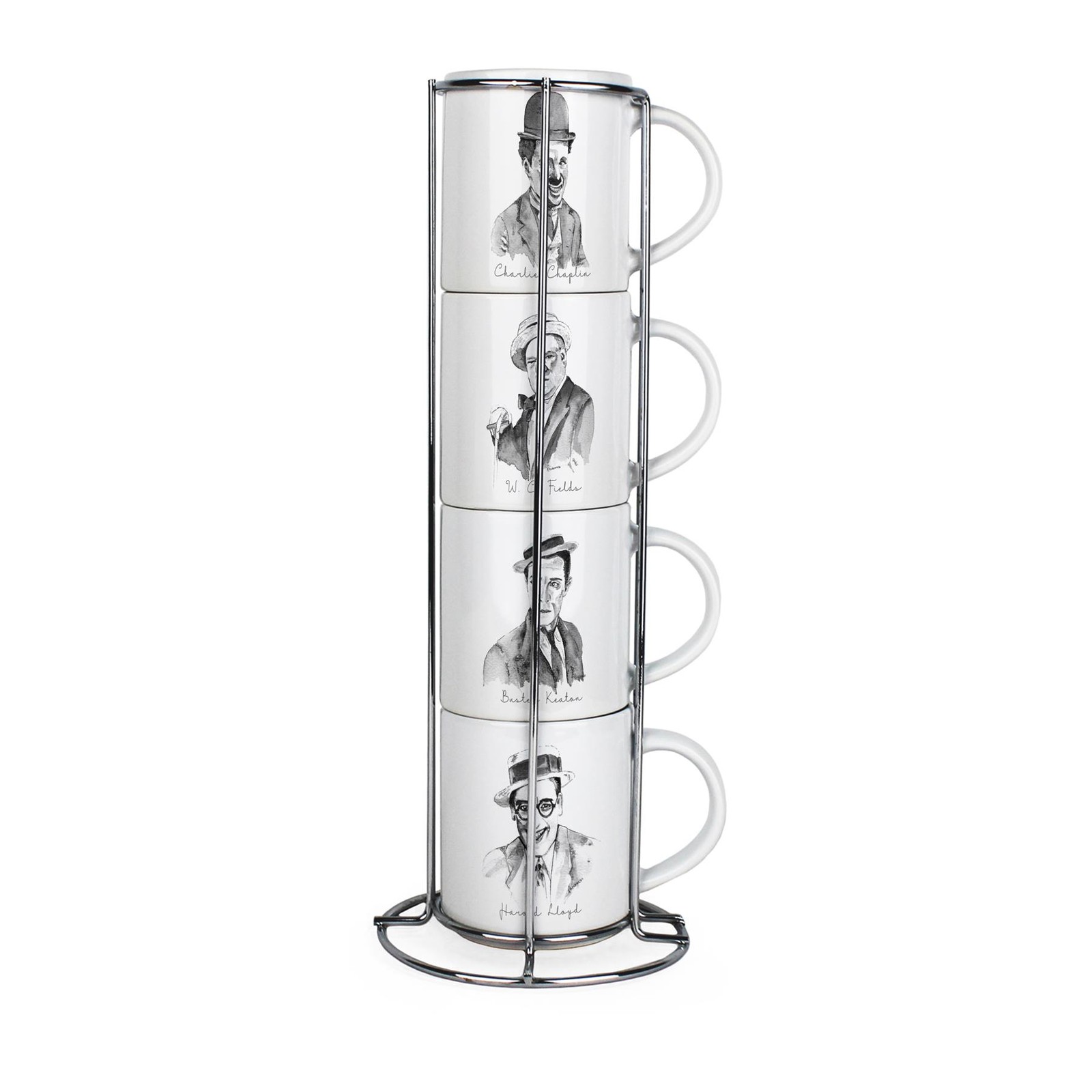 Classic Film Actors Small Stacking Mugs - Vintage Movie Gifts Set of 4 & Stand