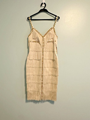 Mandalay 8 Dress Fringe Studded Gems Designer Bodycon Midi Cream NWT VTG Flapper