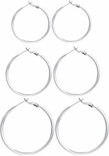 3 Pairs Sterling Silver Hoop Earrings, 14K White Gold Plated Big Hoop Earrings S
