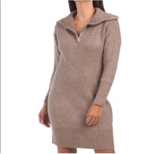 Cupcakes & Cashmere Women's Tan Ribbed Notch Zip Collar Knit Sweater Dress XS