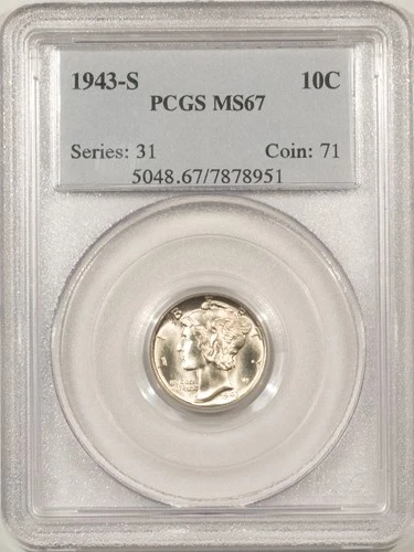 1943-S MERCURY DIME - PCGS MS-67, SUPERB GEM!