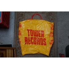 Vintage Tower Records Plastic Shopping Bag Yellow Red Logo Snap Handle 15x18
