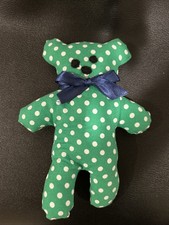 Handmade Teddy Bear Green Polka Dot Fabric Blue Satin Bow Stuffed Animal Plush