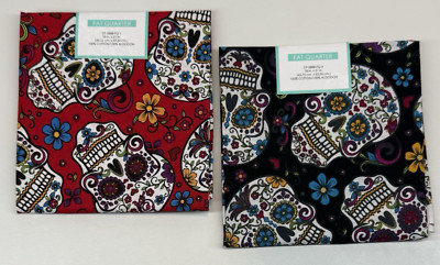 2 Sugar Skulls Fat Quarter Fabric 100% Cotton Day of the Dead Red Black New