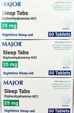 Major Sleep Tabs Sleep Aid Diphenhydramine 25mg 50 Tablets - 3 Pack -Exp 09-2027