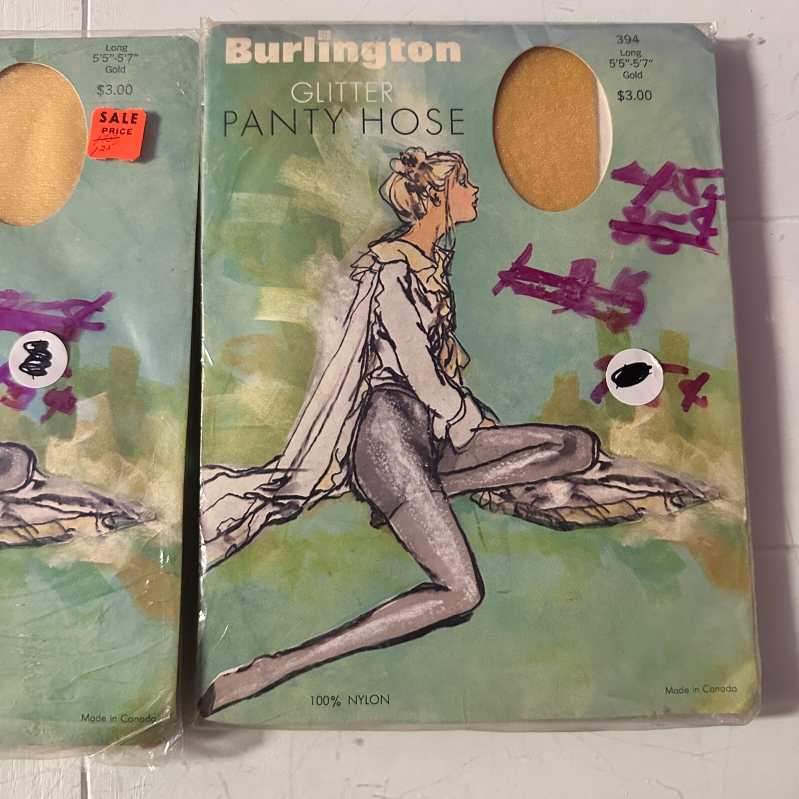 Vintage Burlington Glitter Panty Hose Lot of 2 Nylon 394 Long Gold