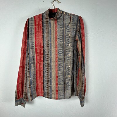 Poet by Nicola Women's Sz 8 Multicolor Mock Neck Long Sleeve Button Down Shirt