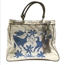 Rare Nahui Ollin Blue Birds Floral Embroidered Purse Shoulder Bag Tote 17x15”