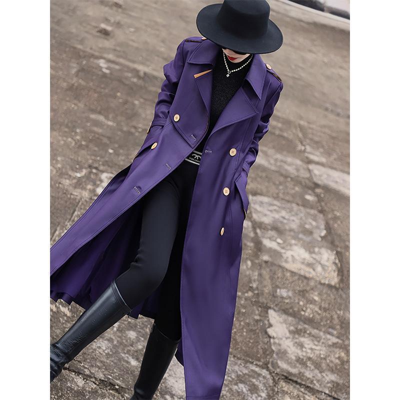 Women's Purple Long Trench Coat Double Breasted Tailored