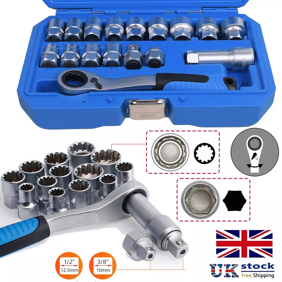 17Pcs Socket Set Metric Go-thru 3/8" 1/2" Adaptors Ratchet Go Through 10-24mm UK - Image 4 of 4