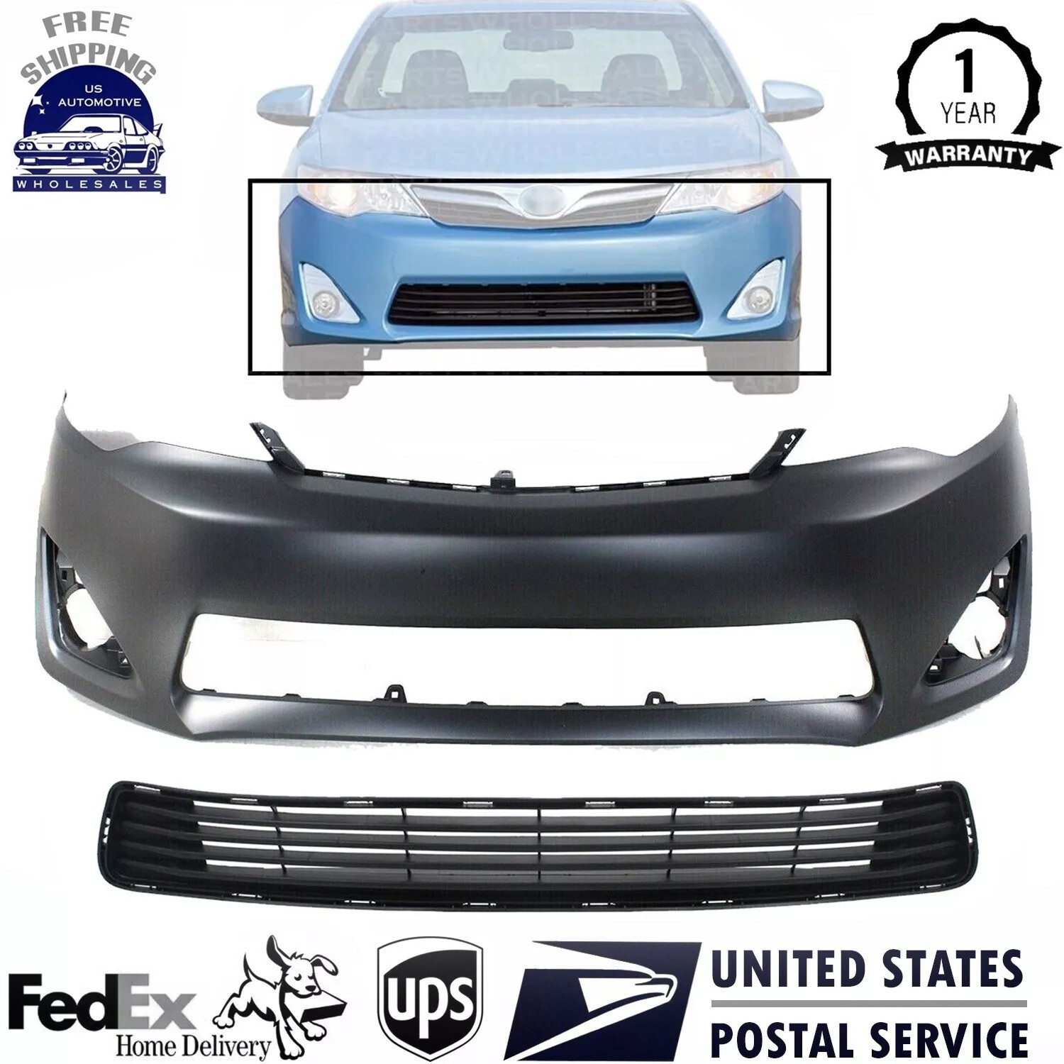 Front Bumper Cover Primed & Grille Textured Plastic For 2012-2014