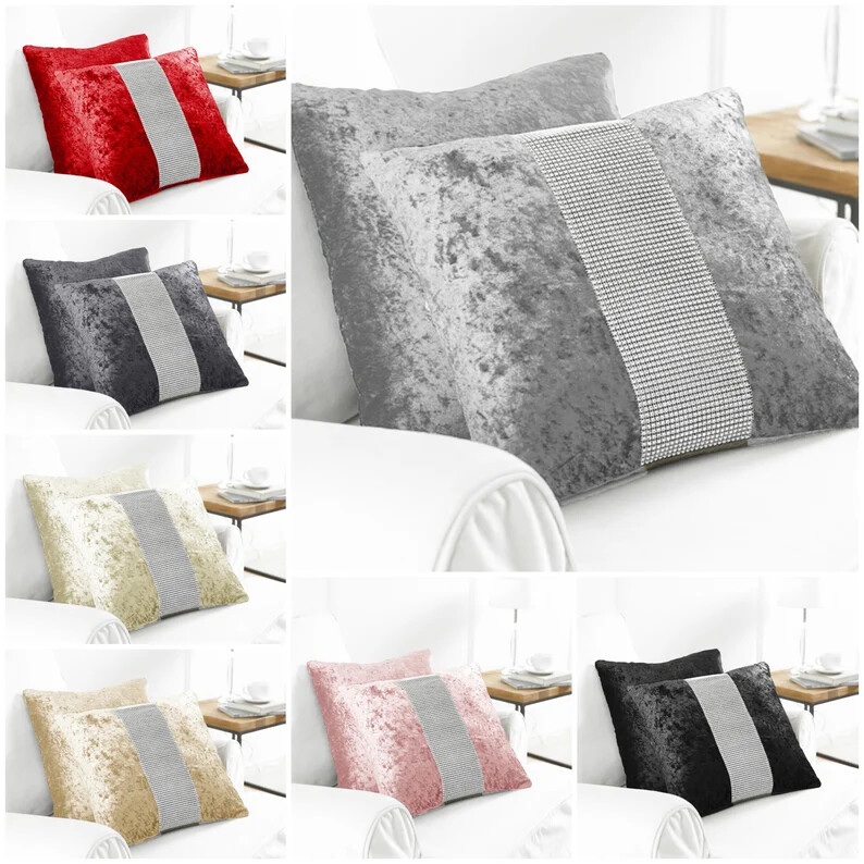 Set of 2 18x18" (45x45cm) Crushed Velvet Diamante Sparkle Cushions