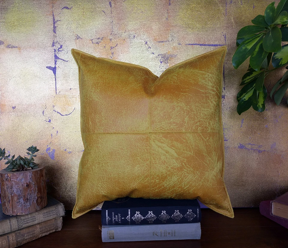 Yellow faux leather patchwork cushion cover 40x40cm-vegan pillow cover-1pcs - Image 2 of 4