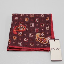 Roda NWT 100 Linen Pocket Square In Burgundy w/ Orange, Red, White Paisley