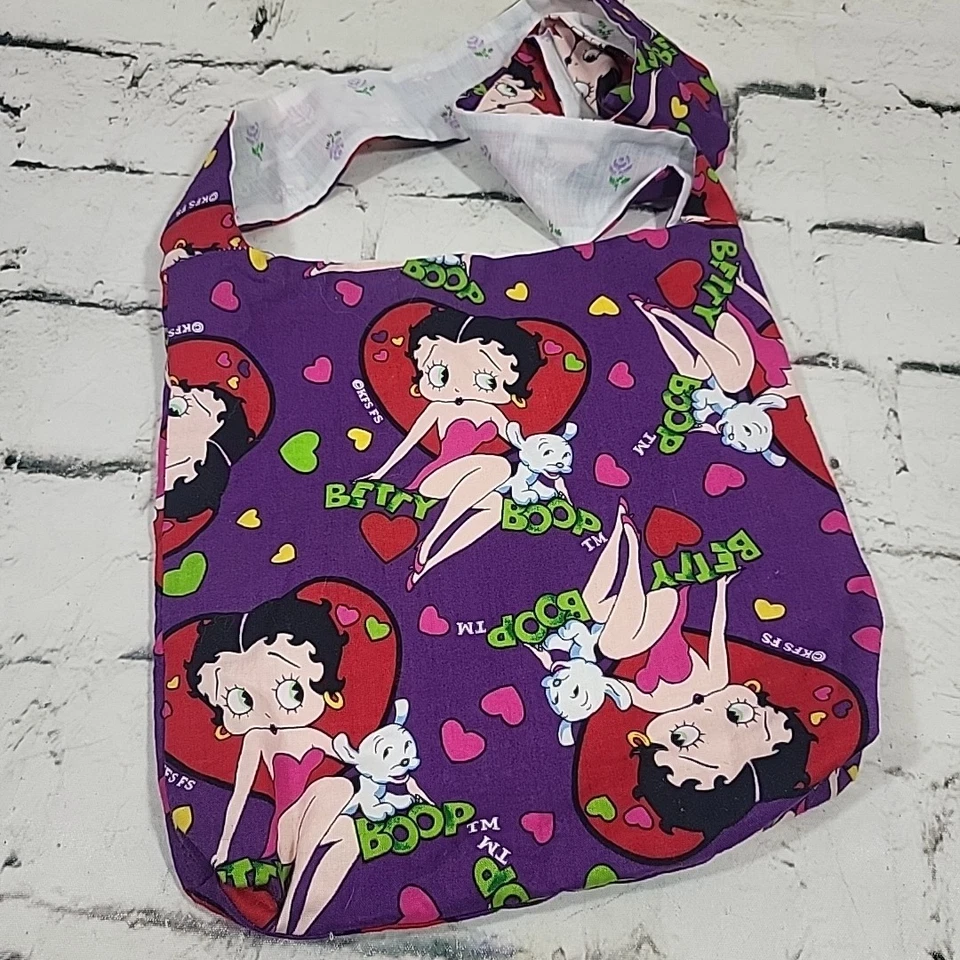 Bolso Bandolera Betty Boop Hecho a Mano Pequeño Estampado Púrpura Con Corazones Foto 3 de 4
