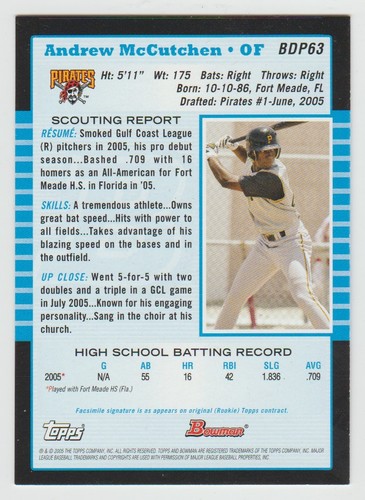 Tarjeta de novato Andrew McCUTCHEN 2005 Bowman Draft #BDP63 SP RC ver escaneos piratas - Imagen 2 de 2