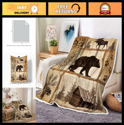 Cozy Rustic Cabin Throw Blanket - Vintage Bear Moose Fleece for Home Decor, Camp