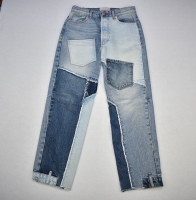 REVICE Love at First Sight Button Fly Blue Patchwork Jeans Womens Size 27x28