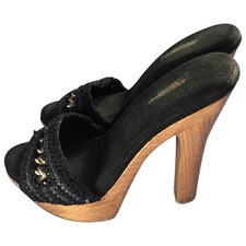DOLCE & GABBANA Black Macrame Chainlink Embellished Wooden Heel Sandals, 38